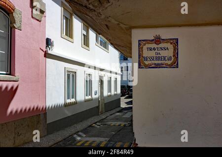 Cascais, Portugal - March 13 2017 - A street called 'Travessa da Ressurreicao' (bystreet of Resurrection).  A tile picture made with 12 azulejos Stock Photo