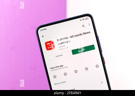 Assam, india - April 10, 2021 : Inshorts app logo on phone screen stock image. Stock Photo