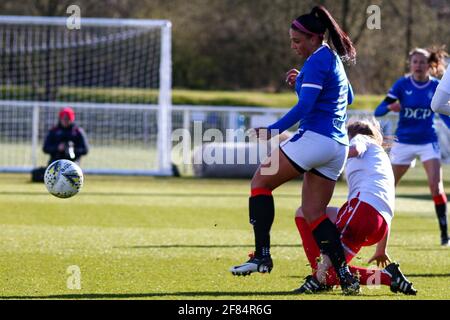 Glasgow, UK. 11th Apr, 2021. Sonia O'Neill (#6) of Rangers Women FC gets tackled during the Scottish Building Society SWPL1 Fixture Rangers FC vs Spartans FC at Rangers Training Centre, Glasgow, 11/04/2021 | Images courtesy of www.collargeimages.co.uk Credit: Colin Poultney/Alamy Live News Stock Photo