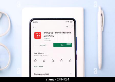 Assam, india - April 10, 2021 : Inshorts app logo on phone screen stock image. Stock Photo