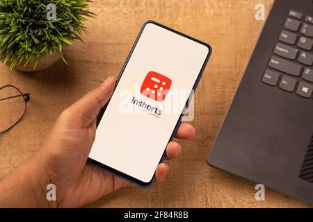 Assam, india - April 10, 2021 : Inshorts app logo on phone screen stock image. Stock Photo