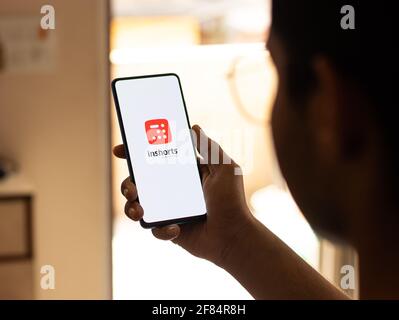 Assam, india - April 10, 2021 : Inshorts app logo on phone screen stock image. Stock Photo