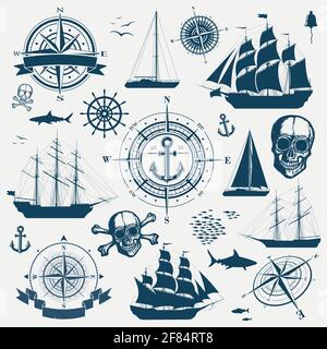 Set of nautical design objects, sailing ships, yachts, compasses Stock Vector