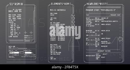 HUD interface elements with part of the code Assembly. Stock Vector