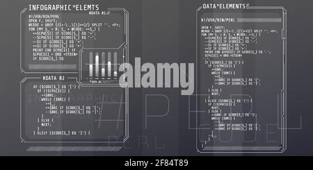 HUD interface elements with part of the code Perl. Stock Vector