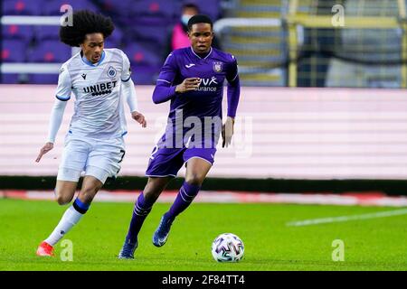 BRUSSELS, BELGIUM - December 08: Jeremy Doku of Anderlecht and Francis  Amuzu of Anderlecht look dejected after the Jupiler Pro League match day 18  between Rsc Anderlecht vs Sporting Charleroi on December