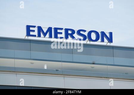 Baar, Zug, Switzerland - 28th March 2021 : Emerson Electric Co. company sign in Baar, Switzerland. Emerson is an American multinational corporation ma Stock Photo