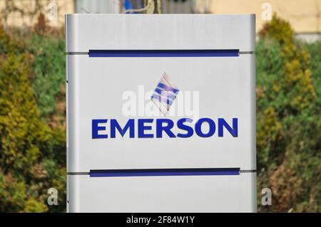 Baar, Zug, Switzerland - 28th March 2021 : Emerson Electric Co. company sign in Baar, Switzerland. Emerson is an American multinational corporation ma Stock Photo