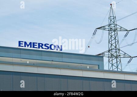 Baar, Zug, Switzerland - 28th March 2021 : Emerson Electric Co. company sign in Baar, Switzerland. Emerson is an American multinational corporation ma Stock Photo