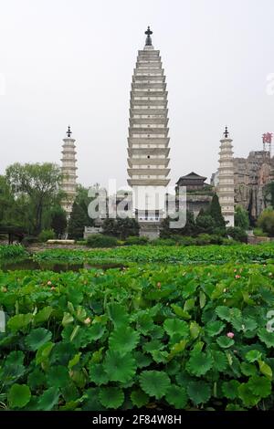 Versions of the three pagodas at Chong Sheng temple near Dali in Yunnan province in the Ethnic Minorities park and museum in Beijing, China Stock Photo