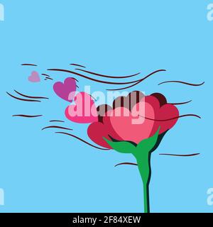 A rose like flower shedding heart shaped peddles to the wind. Stock Vector