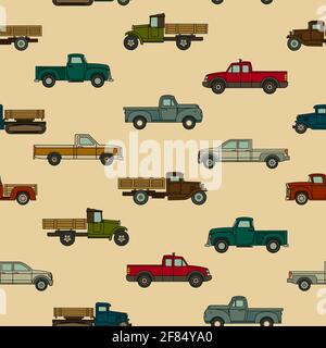 Seamless pattern of various drawn models of American cars for print, textile, web. Vector clipart. Stock Vector