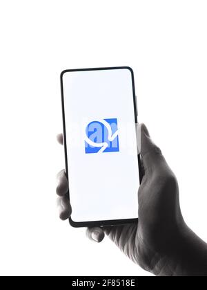 Assam, india - April 10, 2021 : Omegle logo on phone screen stock image. Stock Photo