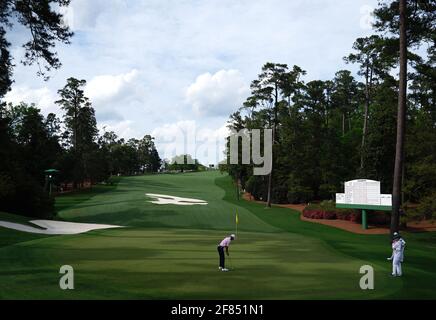 Augusta, United States. 11th Apr, 2021. Will Zalatoris putts on the 10th green in the final round of the 2021 Masters Tournament at the Augusta National Golf Club in Augusta, Georgia on Sunday, April 11, 2021. Photo by Kevin Dietsch/UPI Credit: UPI/Alamy Live News