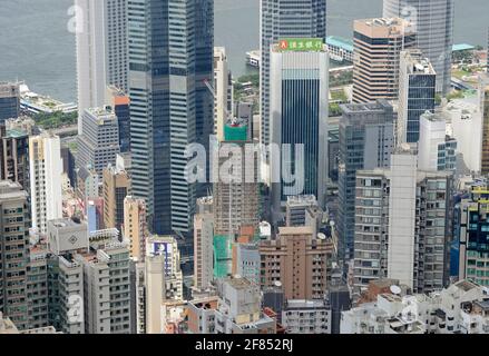 Low-rise skyscrapers in Central district, Hong Kong, China, with the Hang Seng bank tower prominent in the rear middle Stock Photo