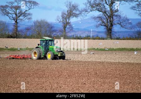 John Deere tractor cultivating field in preparation for cereal crop sowing Stock Photo