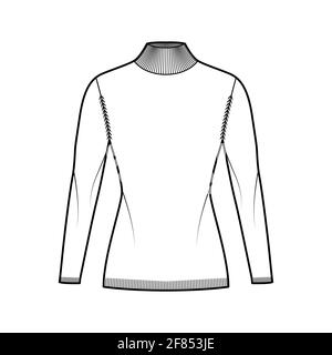 Turtleneck Sweater technical fashion illustration with long sleeves, fitted body, hip length, knit trim. Flat jumper apparel front, white color style. Women men unisex CAD mockup Stock Vector