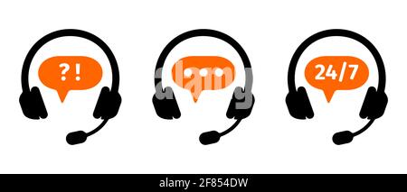 Hotline call center icons set. Customers support online service symbols isolated on white background. Client communication technology concept. Vector flat illustration. Stock Vector