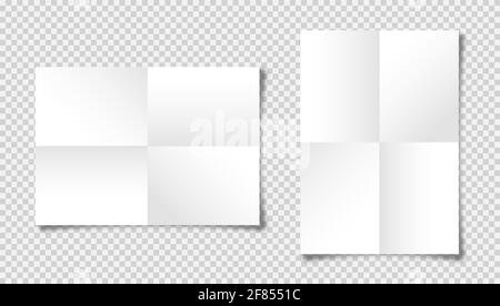 Realistic blank folded paper sheets in A4 size with shadow on checkered background. White notebook page. Design template, mockup. Vector illustration. Stock Vector