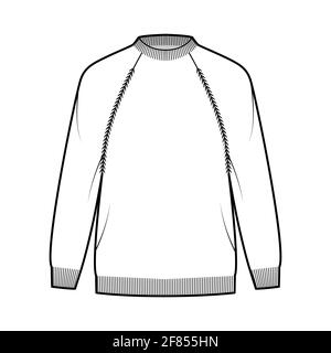 Fisherman Sweater technical fashion illustration with rib crewneck, long raglan sleeves, oversized, hip length, knit trim. Flat jumper apparel front, white color style. Women, men unisex CAD mockup Stock Vector