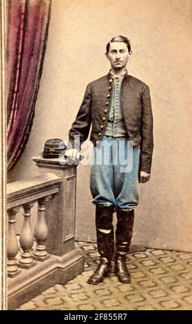 Unidentified soldier in Union uniform of 1st New Jersey Cavalry Regiment] / D. Clark, photographer, No. 4 King Block, Commerce Square, New Brunswick, NJ Stock Photo
