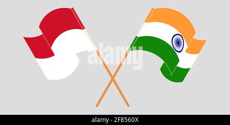 Crossed and waving flags of Indonesia and India. Vector illustration Stock Vector