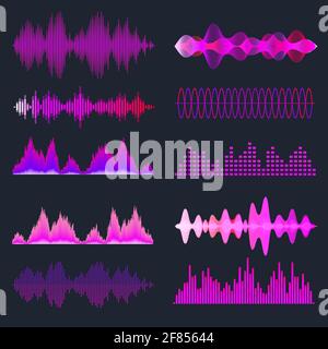 Colorful sound waves collection. Analog and digital audio signal. Music equalizer. Interference voice recording. High frequency radio wave. Vector Stock Vector