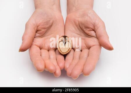 Woman stretches out her hands with halve of a walnut in the form of a heart on a white background, isolated. Nut concept. Stock Photo