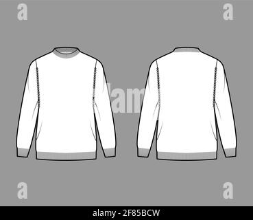 Fisherman Sweater technical fashion illustration with rib crewneck, long sleeves, oversized, hip length, knit trim. Flat jumper apparel front, back, white color style. Women, men unisex CAD mockup Stock Vector