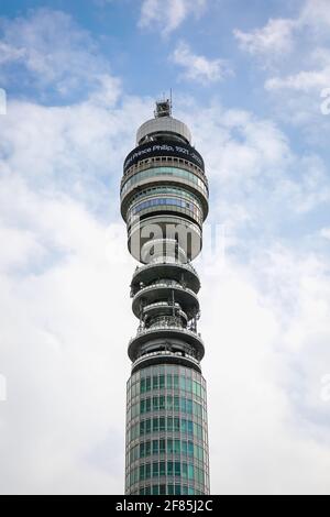 London, UK. 11 April 2021. The tribute is displayed on the BT Tower in Fitzrovia after the death of Prince Philip. Credit: Waldemar Sikora