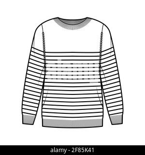 Sailor Sweater Striped Pullover technical fashion illustration with rib crew neck, long sleeves, oversized, hip length, knit cuff. Flat apparel front, white color style. Women, men unisex CAD mockup Stock Vector