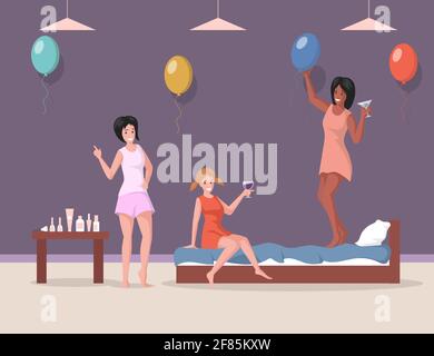 Bachelorette party vector flat illustration. Women in night clothes and pajamas having fun at home vector flat illustration. Three female characters drinking cocktails and spending time together. Stock Vector