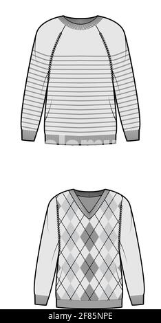 Sailor Sweater Striped Pullover technical fashion illustration with rib crew neck, long raglan sleeves, oversized, knit cuff. Flat apparel front, grey color style. Women, men unisex CAD mockup Stock Vector