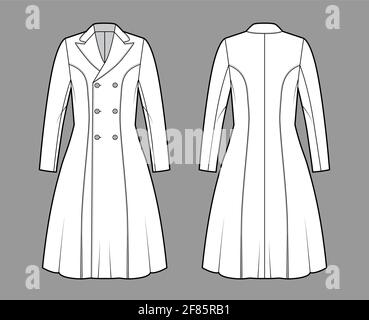 Princess line coat technical fashion illustration with double breasted, fitted body, long sleeves, peak lapel collar. Flat jacket template front, back, white color style. Women, men, unisex CAD mockup Stock Vector
