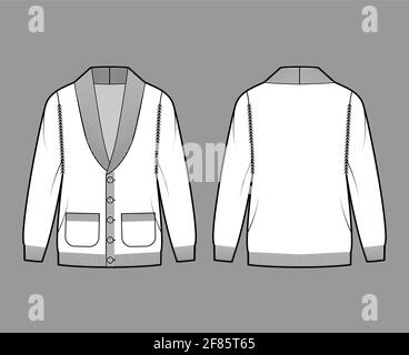 Cardigan Shawl collar Sweater technical fashion illustration with long sleeves, oversized, hip length, knit rib trim, button closure. Flat apparel front, back, white color style. Women, men CAD mockup Stock Vector