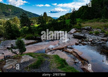 View into the valley from Tvindefossen waterfall area on Kroelvi river Stock Photo