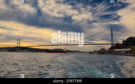 The bridge is located at the entrance from the Black Sea, streching between Garipçe village on the European side and Poyrazköy village on the Asian si Stock Photo