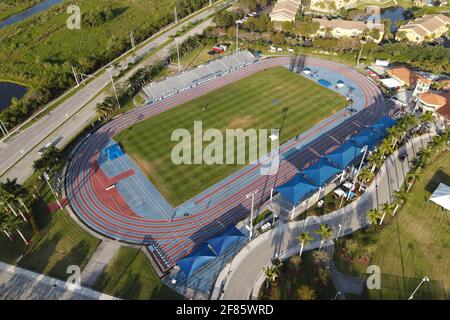 An aerial view of the track and field stadium at the Ansin Sports Complex, Saturday, April 10, 2021, in Miramar, Fla. Stock Photo