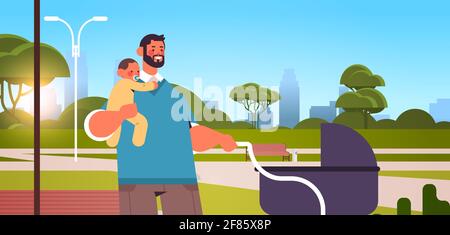 father walking outdoor with little baby son fatherhood parenting concept dad spending time with his kid Stock Vector