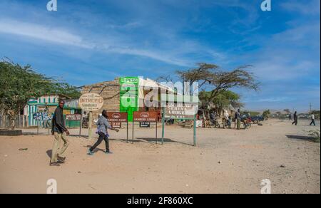 dusty African town near the entrance to Samburu National Reserve Stock Photo