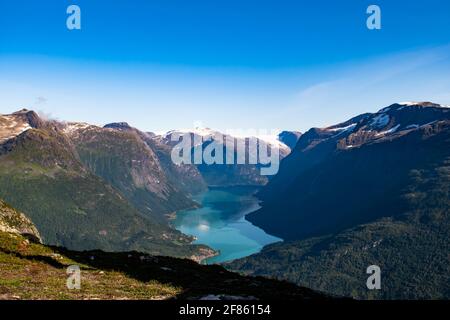 Norway - Amazing view of Loen lake and valley from the top of Loen Skylift, Hoven. Stock Photo