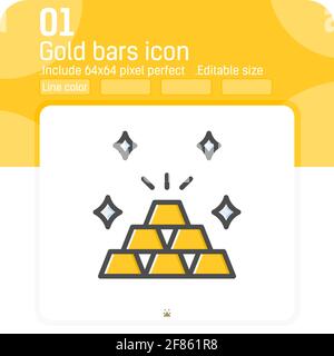 Stack of gold bars or treasure stash icon with line color style isolated on white background. Illustration element thin gold icon Stock Vector