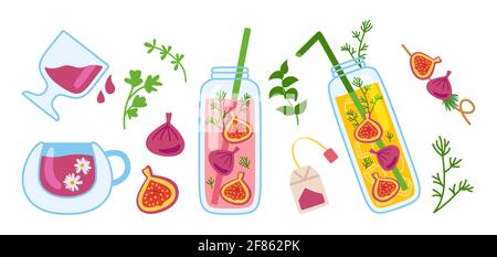Hawaii cocktails, summer bottle, jar and glass juice cartoon set. Tropical fig fruit fresh smoothie menu. Glass drinks hand drawn flat design menu. Trendy vector illustration Stock Vector