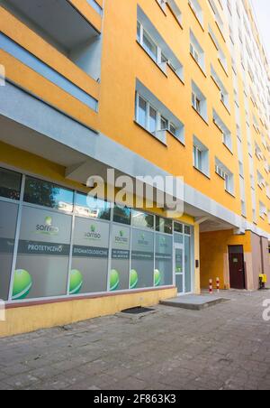 POZNAN, POLAND - Apr 11, 2016: Sorriso Centrum dentist office under a apartment block Stock Photo