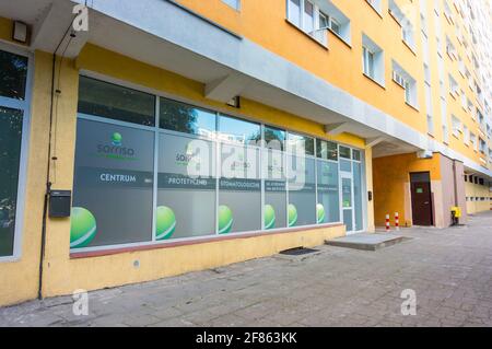 POZNAN, POLAND - Apr 11, 2016: Sorriso Centrum dentist office under a apartment block Stock Photo