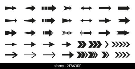 Set of big arrows black icons. Flat modern arrows cursor collection. Direction sign graphic symbols up, left, right, down, Infographic element, interface pointer. Isolated on white vector illustration Stock Vector