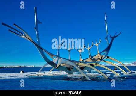 Although artist Jon Gunnar Arnason’s stainless steel structure, Solfar Sun Voyager, resembles a Viking ship (especially because of its waterfront loca Stock Photo