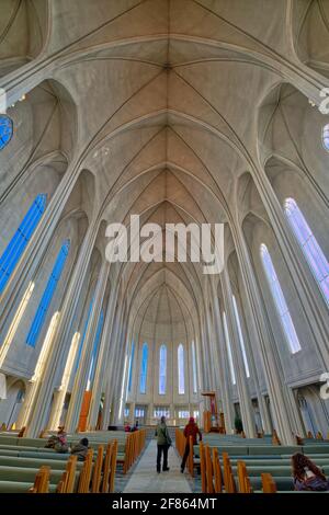 The interior is 1,676 square metres (18,040 sq ft). In 2008, the church underwent a major restoration of the main tower  Taken at @ Reykjavík, Iceland Stock Photo