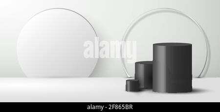 3D realistic empty minimal black cylinder shape and white backdrop on clean studio room background minimal design with ring backdrop and lighting. Sce Stock Vector