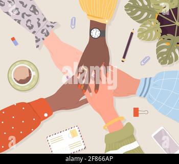 Stack of female hands. Unity and teamwork concept. Arms of successful business women. Partnership community. Top view of workplace. Vector Stock Vector
